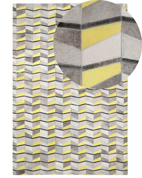 Area Rug Grey with Yellow Leather 160 x 230 cm Rectangular Patchwork Handcrafted Beliani