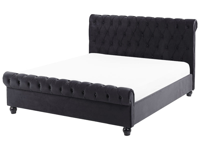 Bed Frame Black Velvet Upholstery Black Wooden Legs EU Double Size 4ft6 Buttoned Glam Beliani