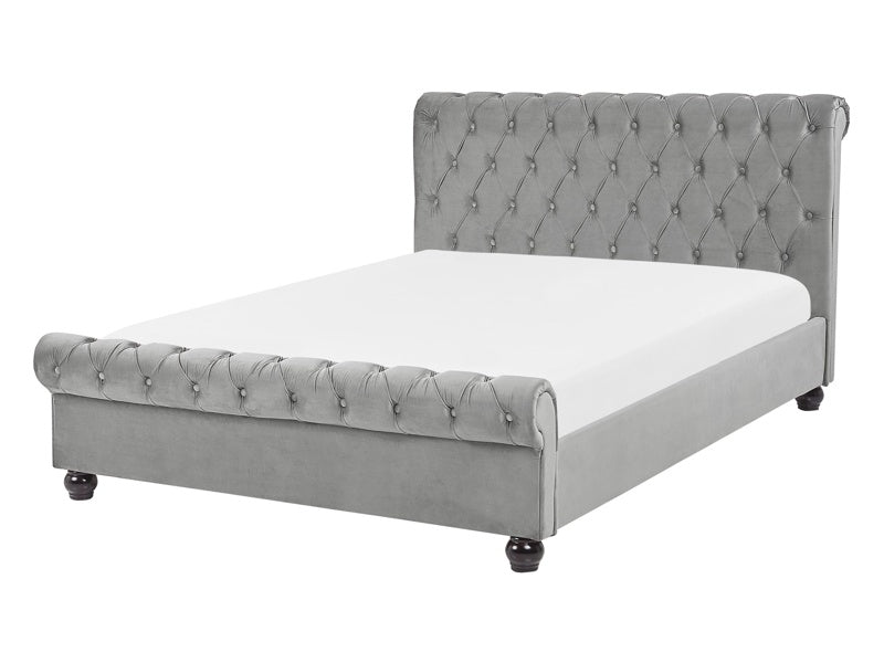 Bed Frame Grey Velvet Upholstery Black Wooden Legs EU Double Size 4ft6 Buttoned Glam Beliani