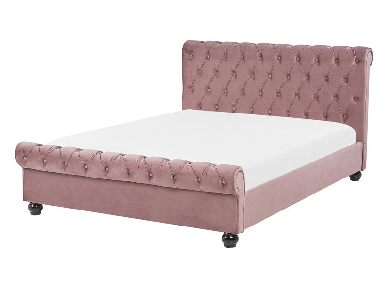 Bed Frame Pink Velvet Upholstery Black Wooden Legs EU Double Size 4ft6 Buttoned Glam Beliani