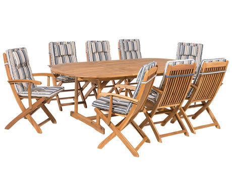Outdoor Dining Set Light Acacia Wood with Striped Cushions 8 Seater Table Folding Chairs Rustic Design Beliani