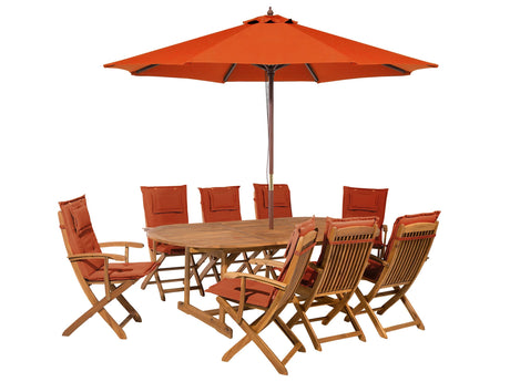 Outdoor Dining Set Light Acacia Wood with Red Cushions 8 Seater Table Folding Chairs Red Umbrella Beliani
