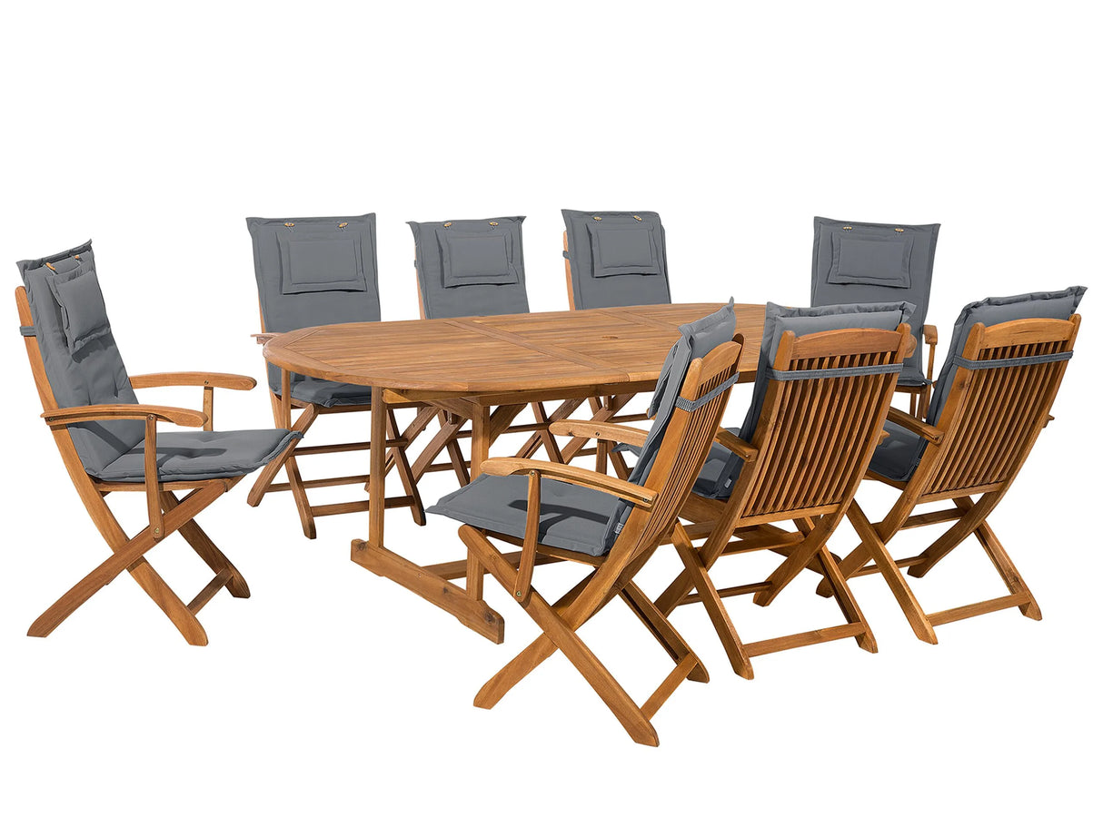 Outdoor Dining Set Light Acacia Wood with Dark Grey Cushions 8 Seater Table Folding Chairs Rustic Design Beliani