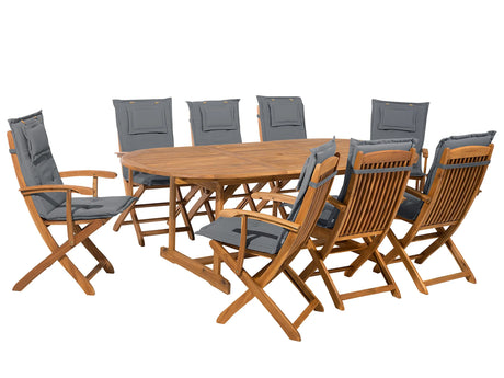 Outdoor Dining Set Light Acacia Wood with Dark Grey Cushions 8 Seater Table Folding Chairs Rustic Design Beliani