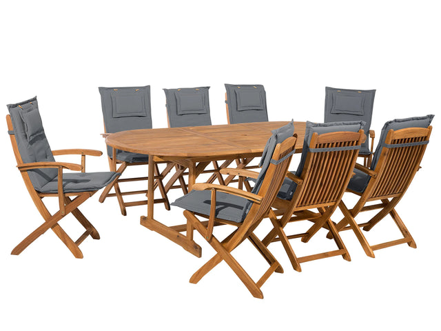 Outdoor Dining Set Light Acacia Wood with Dark Grey Cushions 8 Seater Table Folding Chairs Rustic Design Beliani