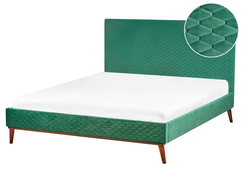 EU King Size Bed Green Fabric 5ft3 Upholstered Frame Honeycomb Quilted Beliani