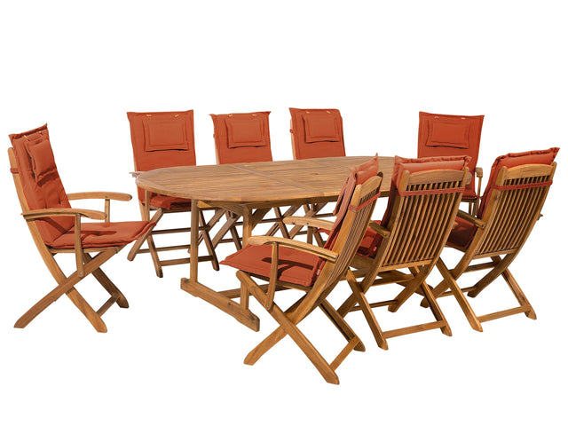 Outdoor Dining Set Light Acacia Wood with Red Cushions 8 Seater Table Folding Chairs Rustic Design Beliani