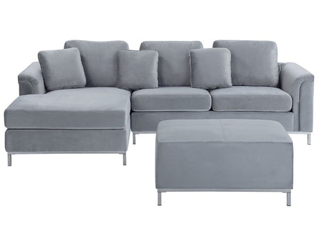 Corner Sofa Light Grey Velvet Upholstered with Ottoman L-shaped Right Hand Orientation Beliani