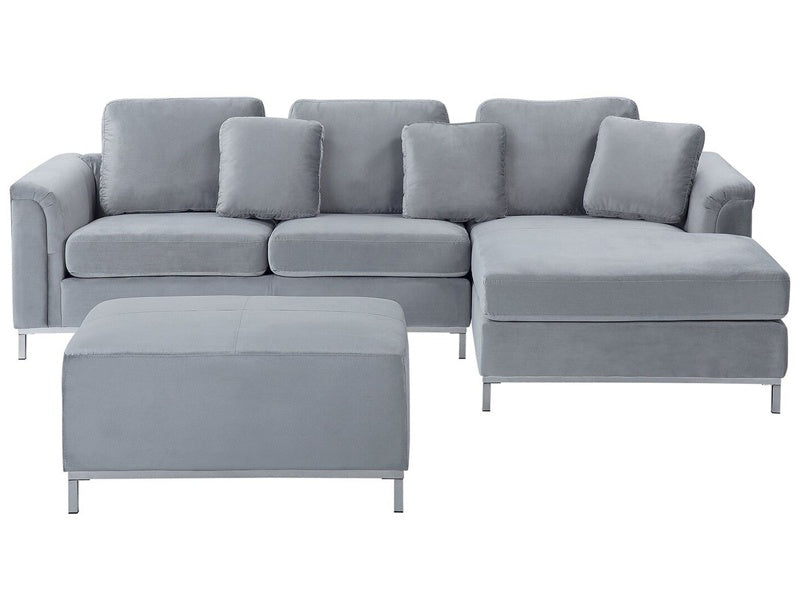 Corner Sofa Light Grey Velvet Upholstered with Ottoman L-shaped Left Hand Orientation Beliani