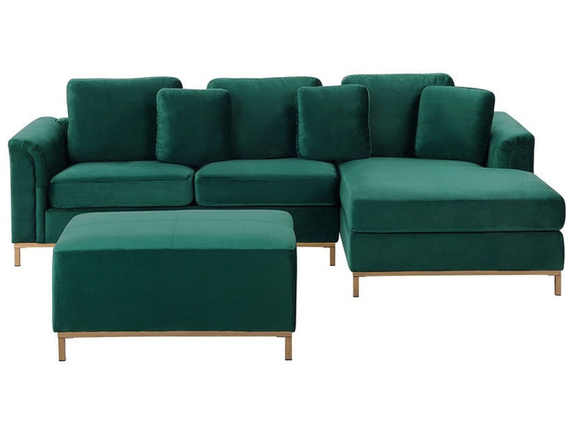 Corner Sofa Green Velvet Upholstered with Ottoman L-shaped Left Hand Orientation Beliani