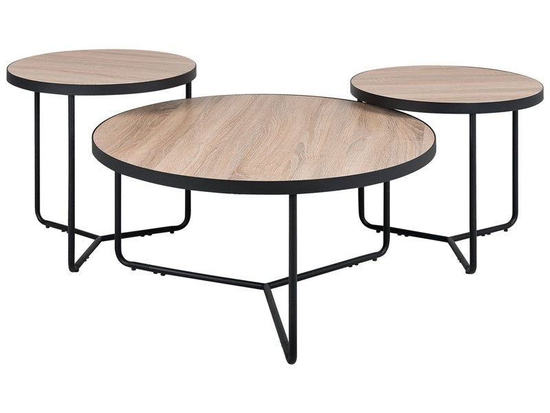 Set of 3 Coffee Tables Light Wood Tabletop Black Metal Legs Round Various Sizes Living Room Furniture  Beliani