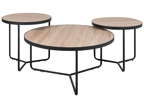 Set of 3 Coffee Tables Light Wood Tabletop Black Metal Legs Round Various Sizes Living Room Furniture  Beliani