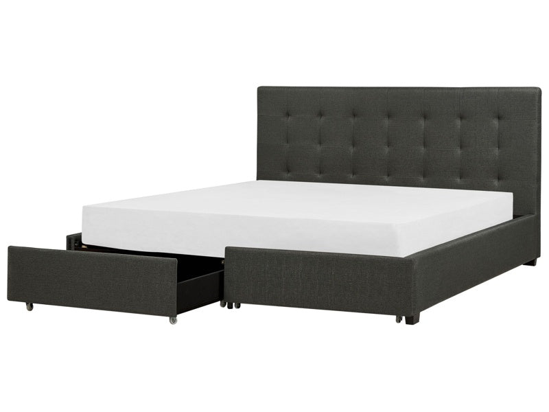 EU Super King Size Bed Dark Grey Fabric 6ft Upholstered Frame Buttoned Headrest with Storage Drawers Beliani