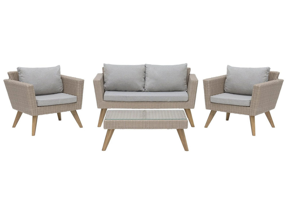 Patio Set Taupe Rattan 2 Seater 2 Chairs Grey Cushions Outdoor Country Beliani