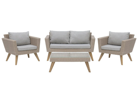 Patio Set Taupe Rattan 2 Seater 2 Chairs Grey Cushions Outdoor Country Beliani