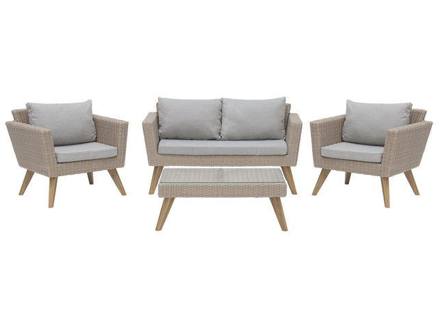 Patio Set Taupe Rattan 2 Seater 2 Chairs Grey Cushions Outdoor Country Beliani