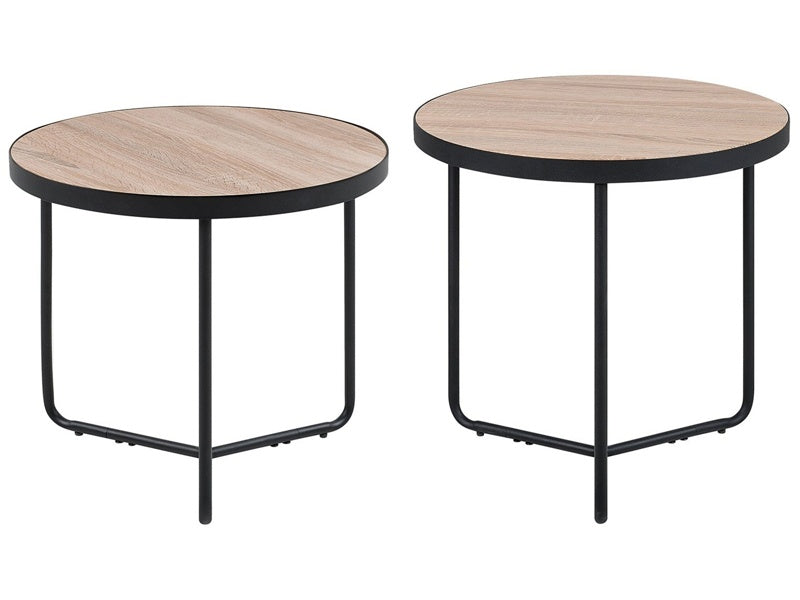 Set of 2 Coffee Tables Light Wood Tabletop Black Metal Legs Round Small and Medium Living Room Furniture  Beliani