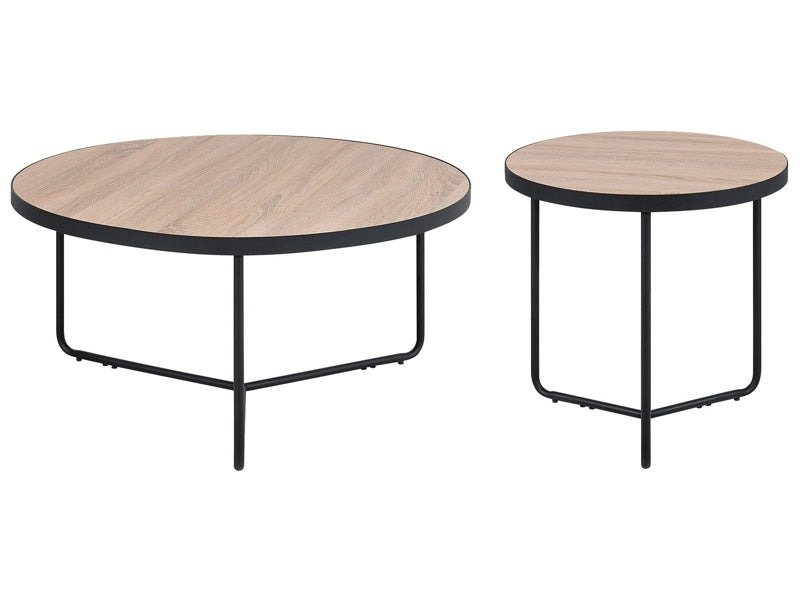 Set of 2 Coffee Tables Light Wood Tabletop Black Metal Legs Round Medium and Large Living Room Furniture  Beliani