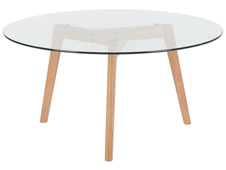 Coffee Table Transparent Round Glass Top 3 Light Wood Legs ø 90 cm Scandinavian Minimalistic Beliani