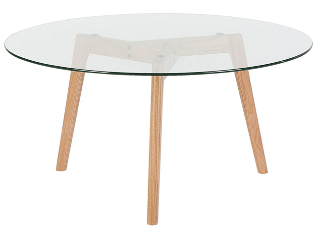 Coffee Table Transparent Round Glass Top 3 Light Wood Legs  90 cm Scandinavian Minimalistic Beliani