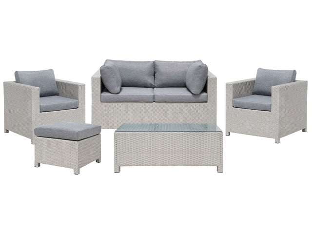 5 Piece Garden Sofa Set Beige w/ Grey Cushions 4 People Loveseat Armchairs Coffee Table Ottoman Conservatory Patio Beliani