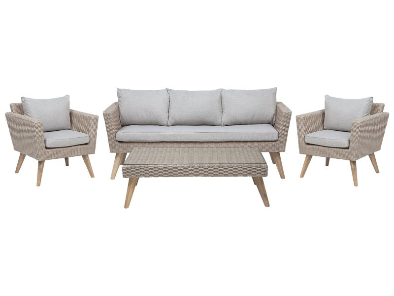 Patio Set Taupe Rattan 3 Seater 2 Chairs Grey Cushions Outdoor Country Beliani