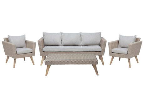 Patio Set Taupe Rattan 3 Seater 2 Chairs Grey Cushions Outdoor Country Beliani