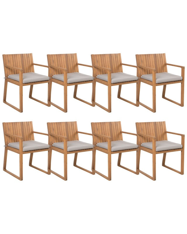 Set of 8 Garden Chairs Light Acacia Wood 80 x 59 cm with Taupe Cushions Rustic Style Beliani