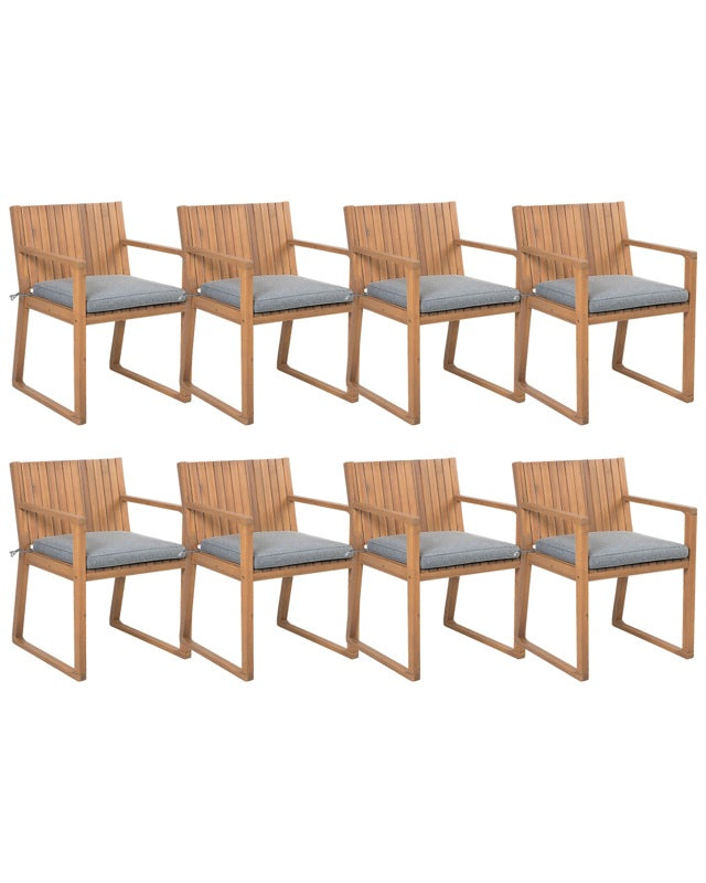 Set of 8 Garden Chairs Light Acacia Wood 80 x 59 cm with Grey Cushions Rustic Style Beliani