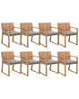 Set of 8 Garden Chairs Light Acacia Wood 80 x 59 cm with Grey Cushions Rustic Style Beliani