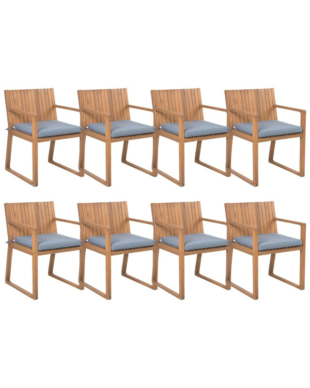 Set of 8 Garden Chairs Light Acacia Wood 80 x 59 cm with Blue Cushions Rustic Style Beliani