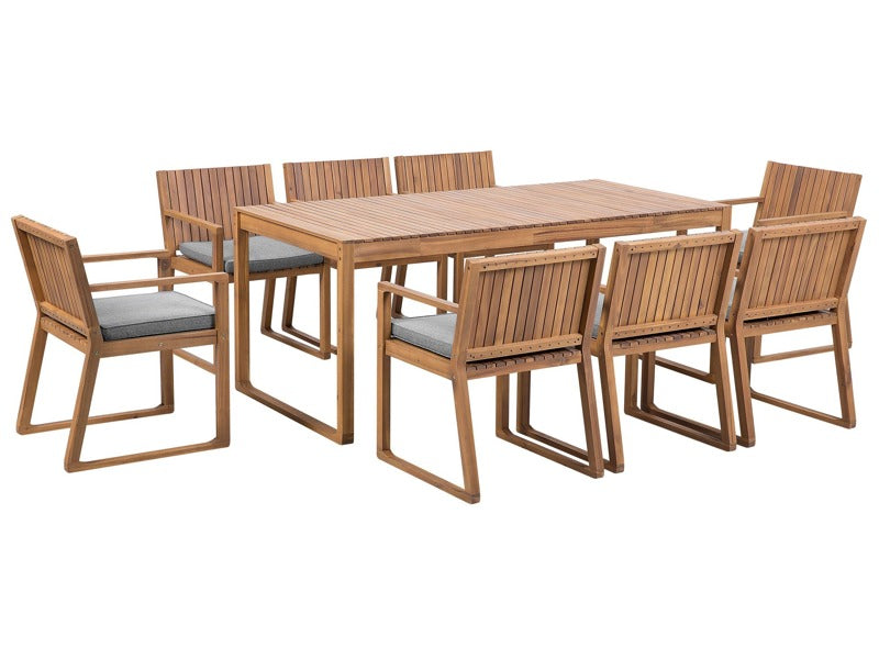 Garden Dining Set Light Acacia Wood Table 8 Chairs with Grey Cushions Rustic Style Beliani