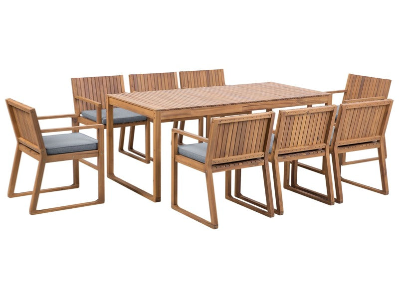 Garden Dining Set Light Acacia Wood Table 8 Chairs with Blue Cushions Rustic Style Beliani