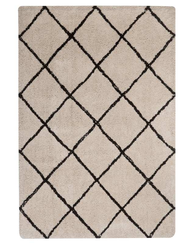 Area Rug Carpet Beige and Black Fabric Shaggy Geometric Pattern Rectangular 140 x 200 cm Beliani