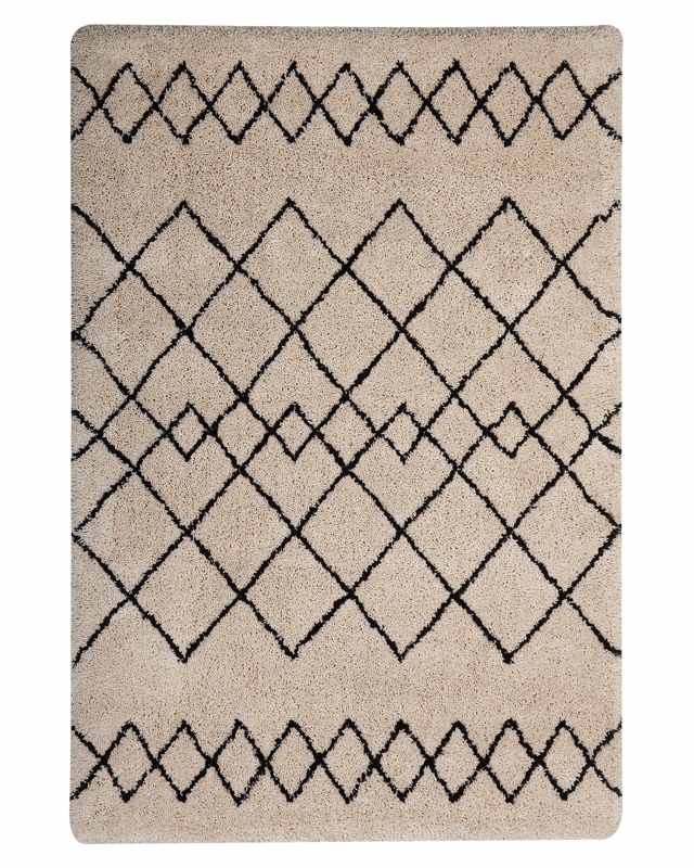 Area Rug Beige and Black Polyester Fabric 140 x 200 cm Geometric Pattern Rectangular Beliani