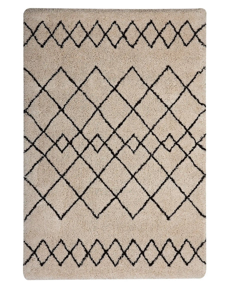 Area Rug Beige and Black Polyester Fabric 140 x 200 cm Geometric Pattern Rectangular Beliani