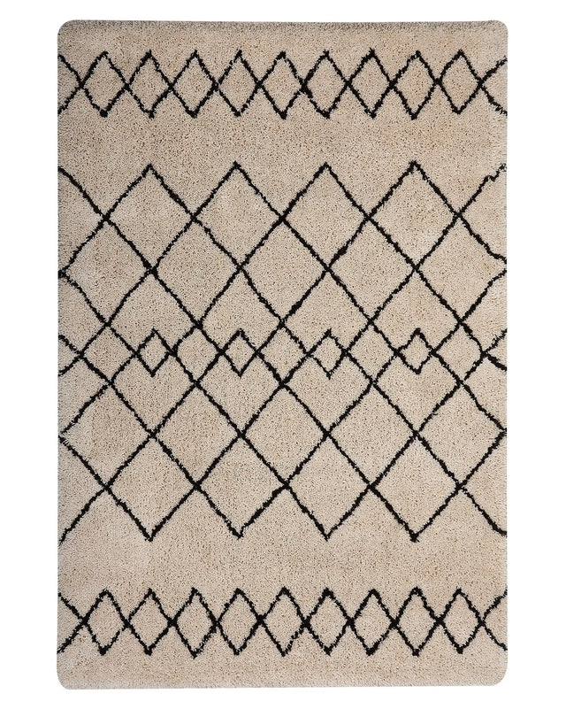 Area Rug Beige and Black Polyester Fabric 140 x 200 cm Geometric Pattern Rectangular Beliani
