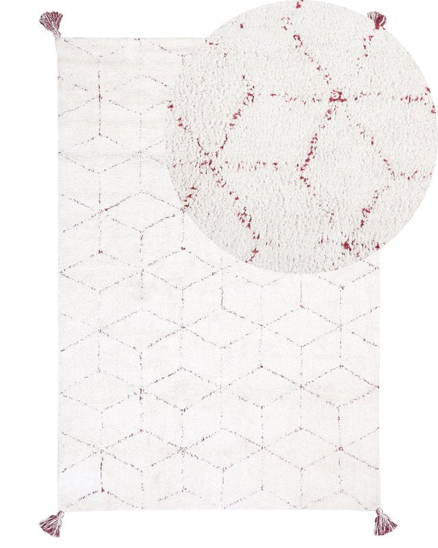 Area Rug White Cotton Shaggy 140 x 200 cm Red Geometric Pattern Beliani