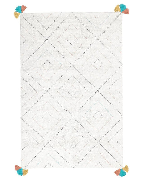 Area Rug White Cotton Shaggy 140 x 200 cm Multicolour Geometric Pattern Beliani