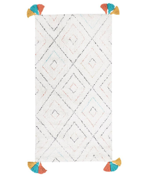 Area Rug White Cotton 80 x 150 cm Rectangular with Tassels Tufted Geometric Pattern Beliani