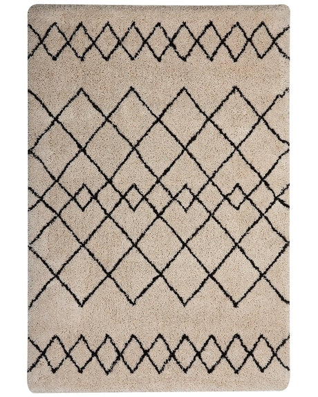 Area Rug Beige and Black Polyester Fabric 160 x 230 cm Geometric Pattern Rectangular Beliani