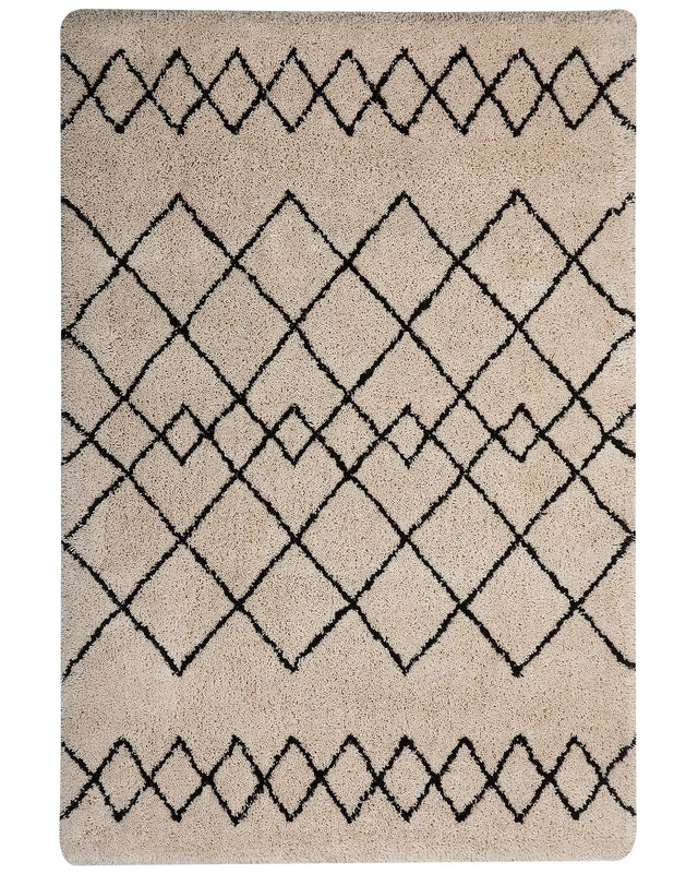 Area Rug Beige and Black Polyester Fabric 160 x 230 cm Geometric Pattern Rectangular Beliani