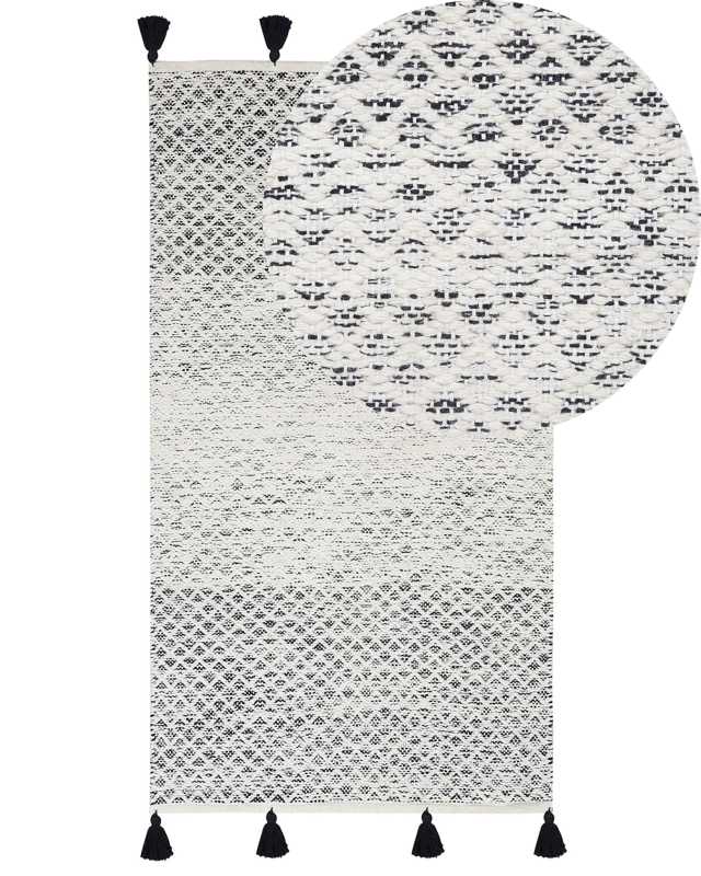 Rug Black and White Wool 80 x 150 cm with Tassels Geometric Diamond Pattern Hand Woven Flatweave Beliani