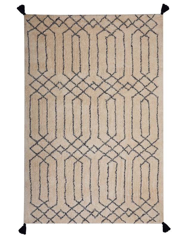 Area Rug Beige Cotton 140 x 200 cm Rectangular with Tassels Tufted Geometric Pattern Beliani