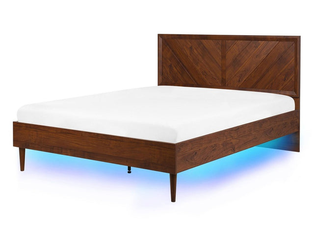 Slatted Bed Frame Dark Wood Multicolour LED Illumination 4ft6 EU Double Size Rustic Modern Design Beliani