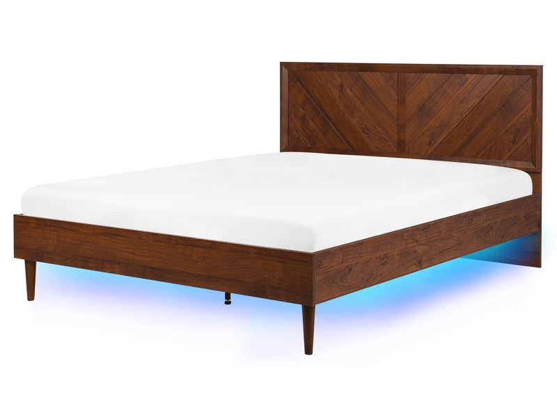 Slatted Bed Frame Dark Wood Multicolour LED Illumination 5ft3 EU King Size Rustic Modern Design Beliani