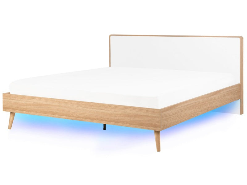 Slatted Bed Frame Light Manufactured Wood and White Headboard LED Illumination 6ft EU Super King Size Scandinavian Design Beliani