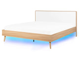 Slatted Bed Frame Light Manufactured Wood and White Headboard LED Illumination 5ft3 EU King Size Scandinavian Design Beliani