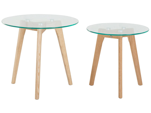 Nest of 2 Tables Transparent Round Glass Top 3 Light Wood Legs Scandinavian Minimalistic Beliani