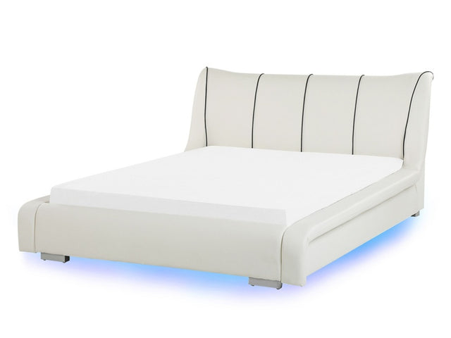 Bed Frame White Leather EU Double 4ft6 LED Lights Slatted Base Upholstered Headboard Modern Beliani